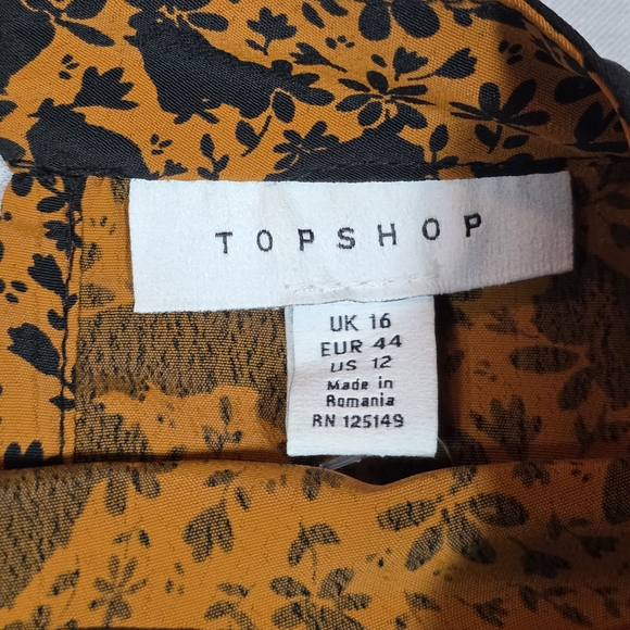 TOPSHOP Ruffle Yoke Blouse | US 12 | Mustard Floral Leopard | Cottagecore Boho - Picture 12 of 16